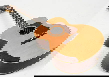 FENDER SJ-64S ACOUSTIC GUITAR: FENDER SJ-64S ACOUSTIC GUITAR: Classic Fender acoustic guitar with mother-of-pearl inlays. Sticker visible inside the body indicating model number SJ-64S and serial number 99050142.