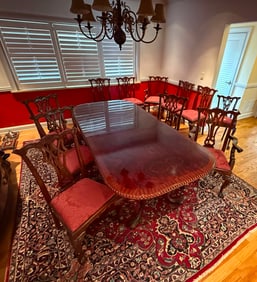 BANDED MAHOGANY TABLE W/ LEAF & 10 CARVED CHAIRS