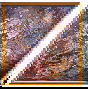 HUGE MICHEL FRERE ABSTRACT PAINTING: FRERE, Michel, (Belgian, 1961-1999): Abstract Composition, Oil/Canvas, 70" x 64", signed verso, under glass in a massive custom oak frame, 78.5" x 72.5". Label affixed verso from Pamela Auchincloss Ga