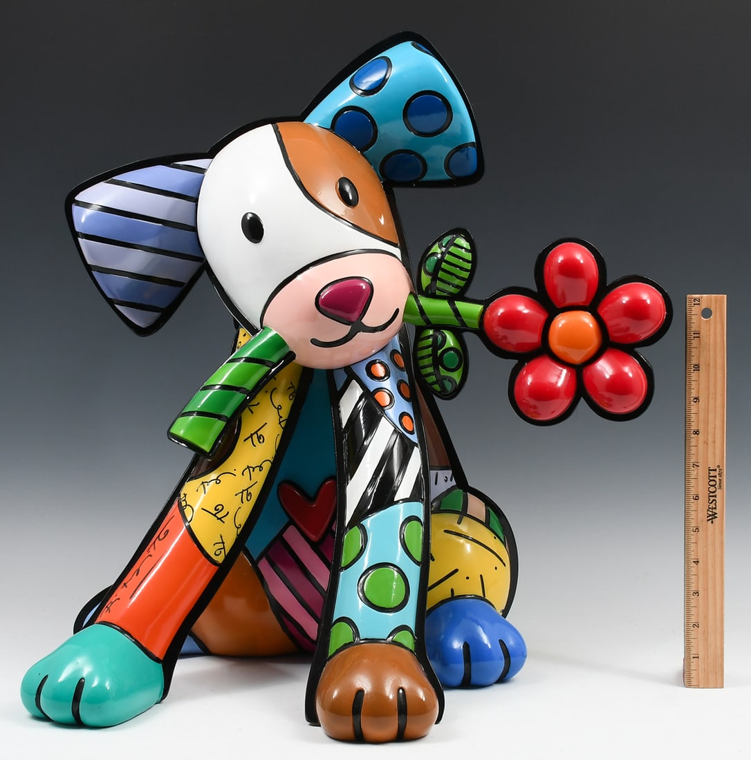 ROMERO BRITTO "LOVELY DOG" SCULPTURE: BRITTO, Romero, (Brazilian, b. 1963): "Lovely Dog", Resin Sculpture, 20.5" in height, signed on the dog's right foreleg, numbered 16/500. Flower in the dog's mouth is removable.