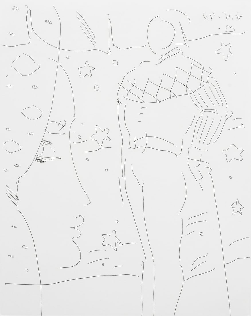 PETER MAX ETCHING WITH ORIGINAL DRAWING VERSO: MAX, Peter, (German/American, 1937-2023): Fine-Line Composition with Max-style Face in Profile and Figure, Etching, sight size 9.875" x 7.75", signed in colored pencil lower right, numbered 98/99 lowe