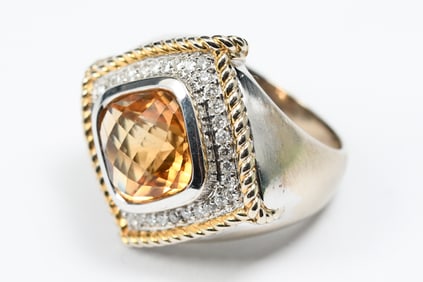 14K 2 TONE CUSHION MIX CUT CITRINE & DIAMOND RING