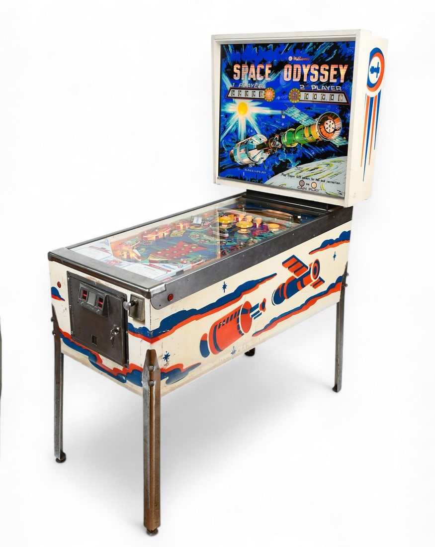 1976 WILLIAMS SPACE ODYSSEY PINBALL ARCADE GAME: 1976 WILLIAMS SPACE ODYSSEY PINBALL ARCADE GAME: 25-cent Williams Space Odyssey pinball arcade game. The playing field and back glass display space graphics. One extra ball resides at the interior. Ke