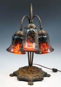 3- LIGHT BRONZE TABLE LAMP WITH ART GLASS SHADES