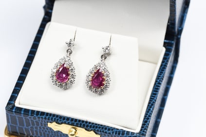 18K ENGLISH EAR PENDANTS W/ BURMA RUBIES