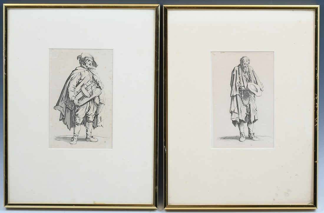 TWO JACQUES CALLOT ETCHINGS: CALLOT, Jacques, (French/Italian, 1592-1635): Two Etchings with labels verso from Colorado Springs Fine Arts exhibition “The History of Printmaking”: 1) “Beggar Wearing Rosary”, sight