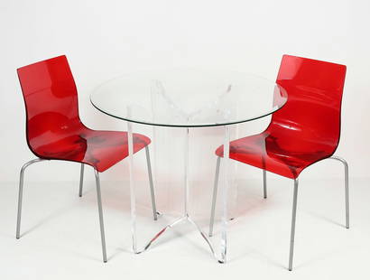 GLASS TOP ACRYLIC BRISTO TABLE & 2 LUCITE CHAIRS: GLASS TOP ACRYLIC BRISTO TABLE & 2 LUCITE CHAIRS: Comprising; A pair of Modern Italian Domitalia Ruby Red Acrylic stacking chairs with grey metal legs. Signed in molding & sticker at the undersides. A