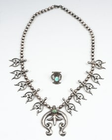 STERLING NATIVE AMERICAN NECKLACE & RING W/ TURQUO