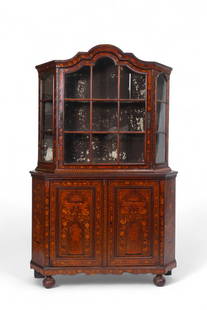18TH CENTURY DUTCH MARQUETRY INLAID CURIO CABINET: 18TH CENTURY DUTCH MARQUETRY INLAID CURIO CABINET: 2-part Dutch Curio cabinet richly inlaid with Floral Fruitwood Marquetry to all sides and doors. Unusual bird figures inlaid on canted sides. Top wit