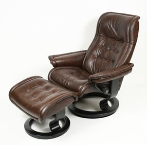 2 PC. EKORNES BROWN LEATHER CHAIR & OTTOMAN
