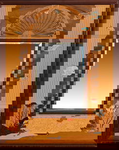 HUDSON RIVER KING NEPTURNE'S GATEWAY MIRROR: HUDSON RIVER KING NEPTURNE'S GATEWAY MIRROR: Central beveled mirror surrounded by an elaborately inlaid wood and mother of pearl Marquetry and Intarsia inlaid frame of Birdseye and quilted Maple, Hare