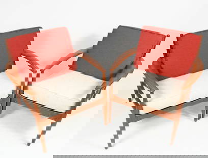 PAIR DANISH GRETE JALK TEAK LOUNGE CHAIRS: PAIR DANISH GRETE JALK TEAK LOUNGE CHAIRS: A pair of Mid-Century Modern Danish Teak sculptural Lounge Chairs circa 1960s. Grete Jalk (Danish, 1920-2006) for Poul Jeppensen. Red & white upholstered cus