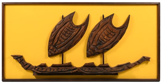 WITCO CARVED & BURNT WOOD BOAT SCULPTURE