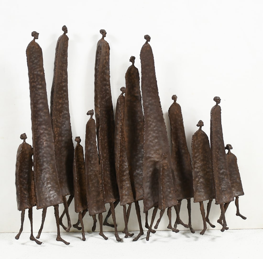 ITALIAN LAWRENCE ANTHONY BRUTALIST SCULPTURE: ITALIAN LAWRENCE ANTHONY BRUTALIST SCULPTURE: A patinated, welded metal, Brutalist multi-figural wall sculpture, signed, Lawrence Anthony. Approx. 21" h x 22.75" w x 5" d.