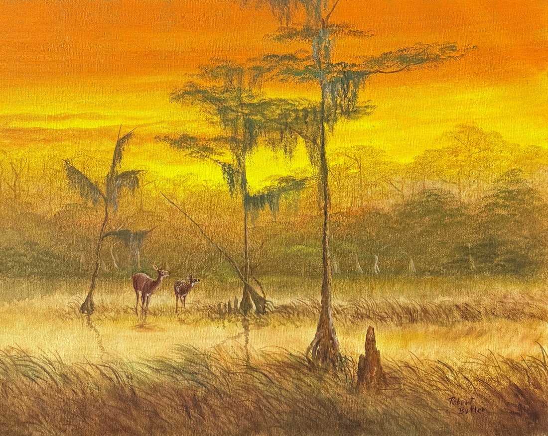 ROBERT BUTLER FLORIDA HIGHWAYMEN SUNSET SWAMP PAINTING: BUTLER, Robert, (American, 1943-2014): Sunset in a Cypress Swamp with Deer, Acrylic/Canvas, 24" x 30", signed lower right, Pecky Cypress frame, 29.5" x 35.5".