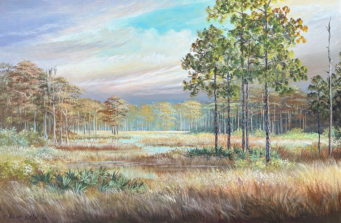 ROBERT BUTLER FLORIDA HIGHWAYMEN SWAMP SCENE: BUTLER, Robert, (American, 1943-2014): Florida Highwaymen Swamp Scene, Oil/Canas, 24" x 36", signed lower left, dated '93, framed, 30" x 42.75".