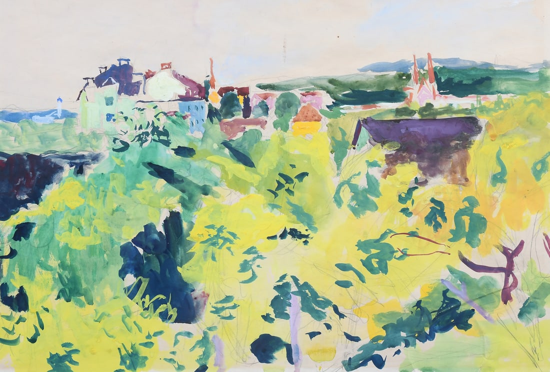 ROBERT KOHL ORIGINAL WATERCOLOR PAINTING: KOHL, Robert, (German, 1891-1944): Country Landscape with Village, Watercolor, sight size 15” x 19”, framed, 24.5” x 30”.