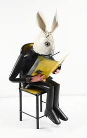 MR. RABBIT READING PAINTED METAL SCULPTURE