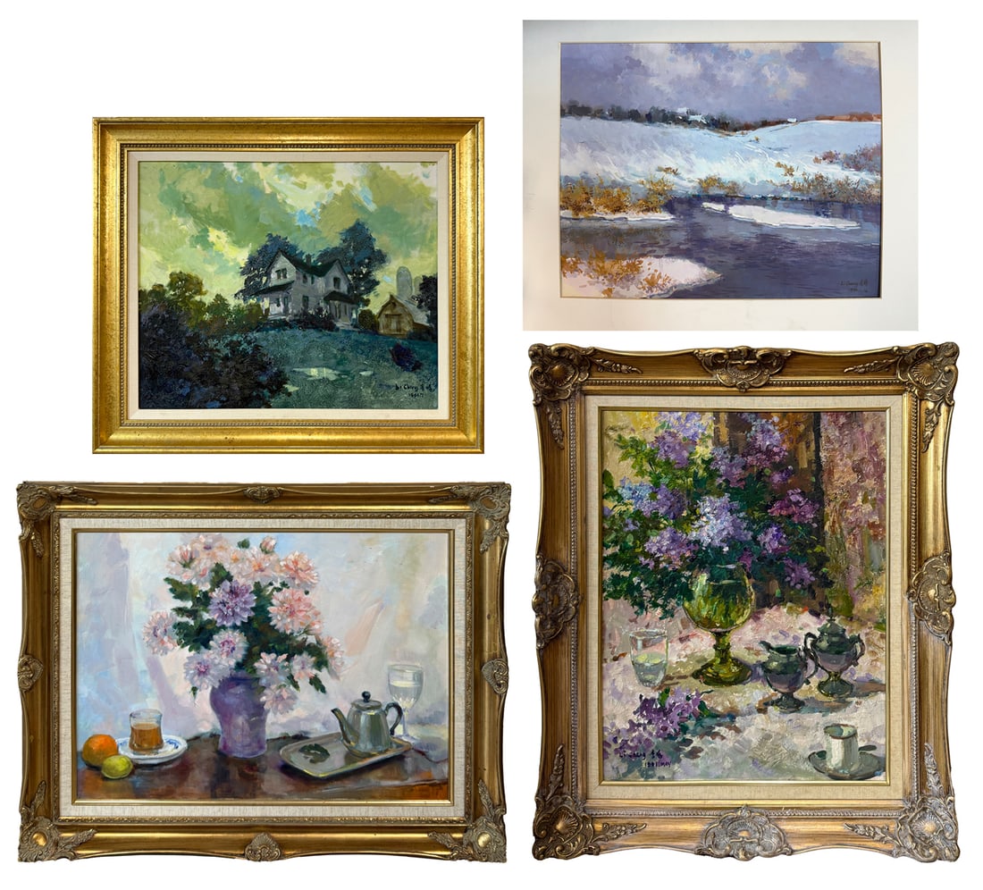 4PC. LI CHANG PAINTINGS: CHANG, Li, (American, b. 1929): 1) Country House on a Hill with Barn and Silo in the Background, Oil/Canvas, 20" x 24", signed lower right, dated 1991, framed, 26" x 30"; 2) Tabletop Still Life with V