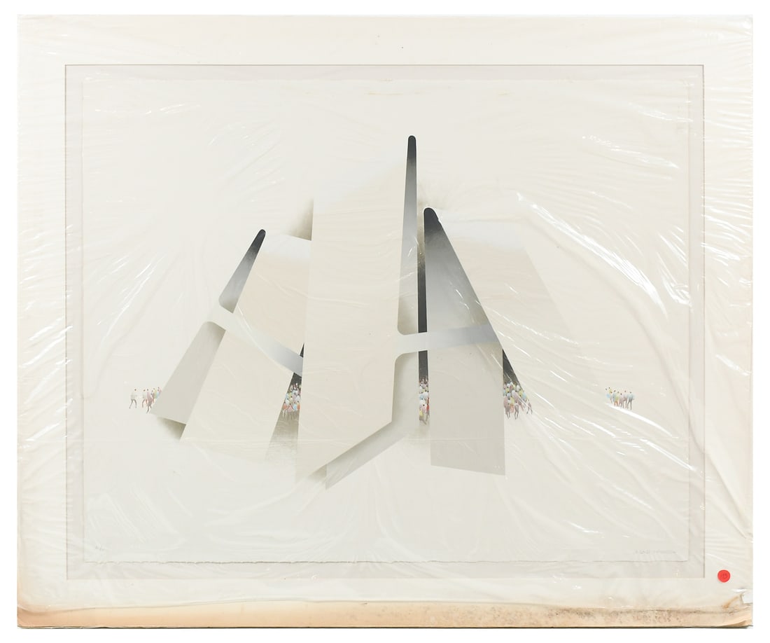 LARGE KURT LARISCH SERIGRAPH: LARISCH, Kurt, (Austrian/Mexican, 1913-2009): Surreal Scene with Little People Gathering Underneath a Folded White Ribbon-like Structure, Serigraph, 27.5" x 34.5", signed lower right, marked AP lower