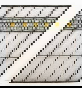 FRANK LLOYD WRIGHT INSPIRED LEADED WINDOW: FRANK LLOYD WRIGHT INSPIRED LEADED WINDOW: A Geometric designed Stained Glass Architectural window in the manner of Frank Lloyd Wright, using Iridescent, Opaline, & Textured Glass. Approx. 30" h x 26.