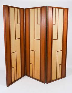 FRANK LLOYD WRIGHT INSPIRED ROOM SCREEN: FRANK LLOYD WRIGHT INSPIRED ROOM SCREEN: 3- Panel Screen/Room Divider, having a wooden frame with thin fiberglass panels. Applied wood trim creates a geometric design. Piano hinged. Approx. 70.25" h x