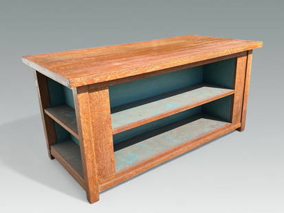 ARTS & CRAFTS OAK FRANK LLOYD WRIGHT STYLE CABINET: ARTS & CRAFTS OAK FRANK LLOYD WRIGHT STYLE LOW CABINET: An Oak Work table with Two painted Bookshelves at all four sides. Approx. 29" h x 60.25" l x 30" w.