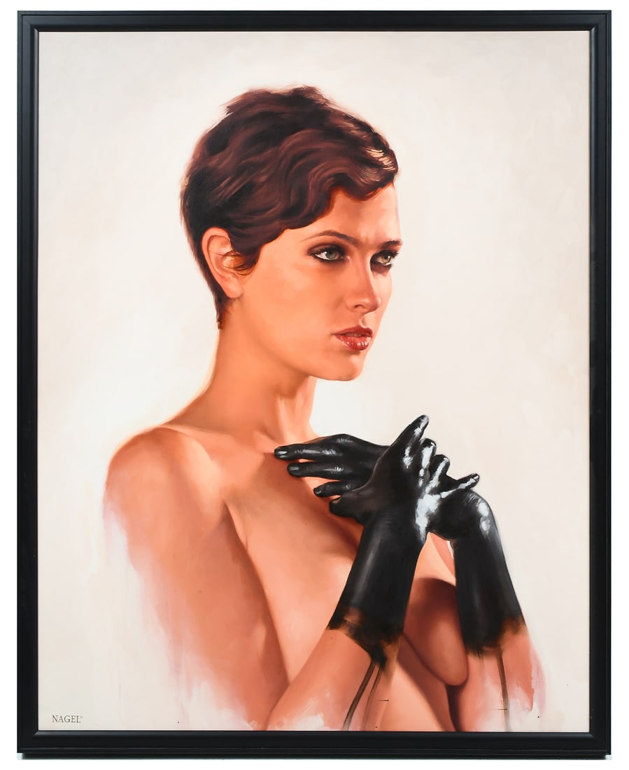 AARON NAGEL PORTRAIT OF A BRUNETTE BEAUTY: NAGEL, Aaron, (American, b. 1960): Three-Quarter Portrait of a Short-Haired Topless Brunette Model with her Hands Painted Black, Oil/Canvas, 38" x 30", signed lower left and dated '11, black painted f
