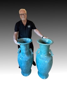 PAIR OF PALATIAL TURQUOISE GLAZED TERRACOTTA URNS