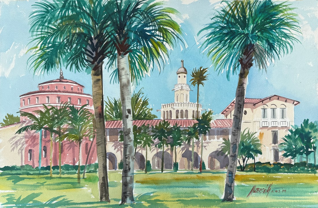 FRED MESSERSMITH STETSON UNIVERSITY PAINTING: MESSERSMITH, Fred, (American, 1924-2009): Stetson University College of Law, Gulfport, Florida. Watercolor, 15" x 22.5", signed lower right, dated '94, unframed. From an important curated Florida East