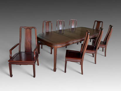 CHINESE ROSEWOOD DINING TABLE & 8 CHAIRS: CHINESE ROSEWOOD DINING TABLE & 8 CHAIRS: A carved Chinese Rosewood Dining Table with Two extra Leaves. Also included are 6- Side Chairs & 2- Armchairs. Tale Approx. 30" h x 60" l x 42" w. Each Leaf 1