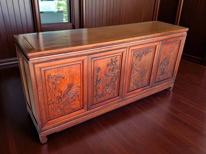 CHINESE CARVED 4- DOOR ROSEWOOD SIDEBOARD: CHINESE CARVED 4- DOOR ROSEWOOD SIDEBOARD / CREDENZA: