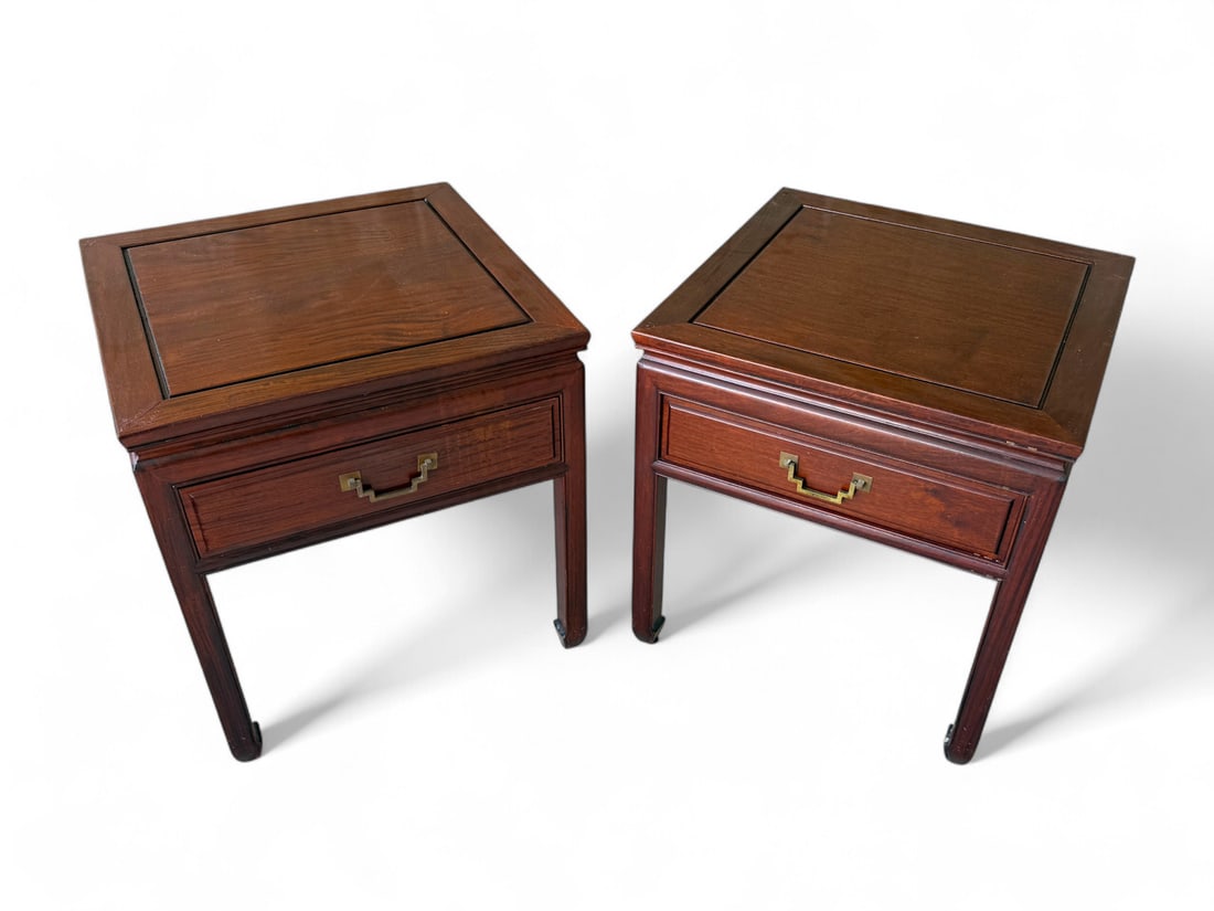 PAIR CHINESE ROSEWOOD 1- DRAWER END/SIDE TABLES: PAIR CHINESE ROSEWOOD 1- DRAWER END/SIDE TABLES: Pair of Chinese Rosewood Night Stands/End Tables with a single drawer with Brass Bail Handles. Approx. 23.25" h x 22" w x 22" d.