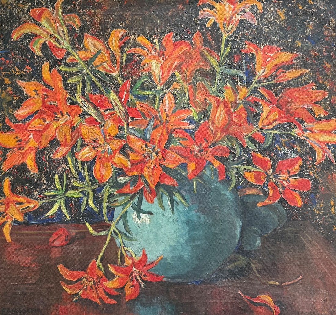 E.B. SCHIFFER STILL LIFE PAINTING: SCHIFFER, Ethel Bennett, (American, 1879-???): Day Lillies in a Pottery Vase, Oil/Canvas, 23.5” x 24”, signed lower left, framed, 29.5” x 31”.