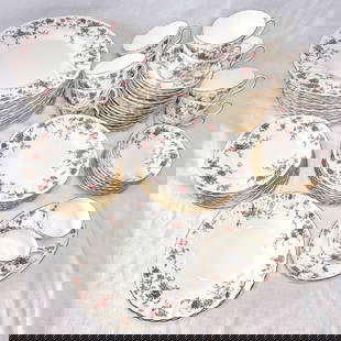 72 PC. MINTON "ANCESTRAL" PORCELAIN DINNERWARE: 72 PC. MINTON "ANCESTRAL" PORCELAIN DINNERWARE: Comprising; 12- Dinner Plates, 8- Salad Plates, 12- Bread Plates, 14- Teacups, 13- Saucers, 8- Nut dishes, 2- Soup Bowls, 1- Open Sugar, 1- Creamer, & 1