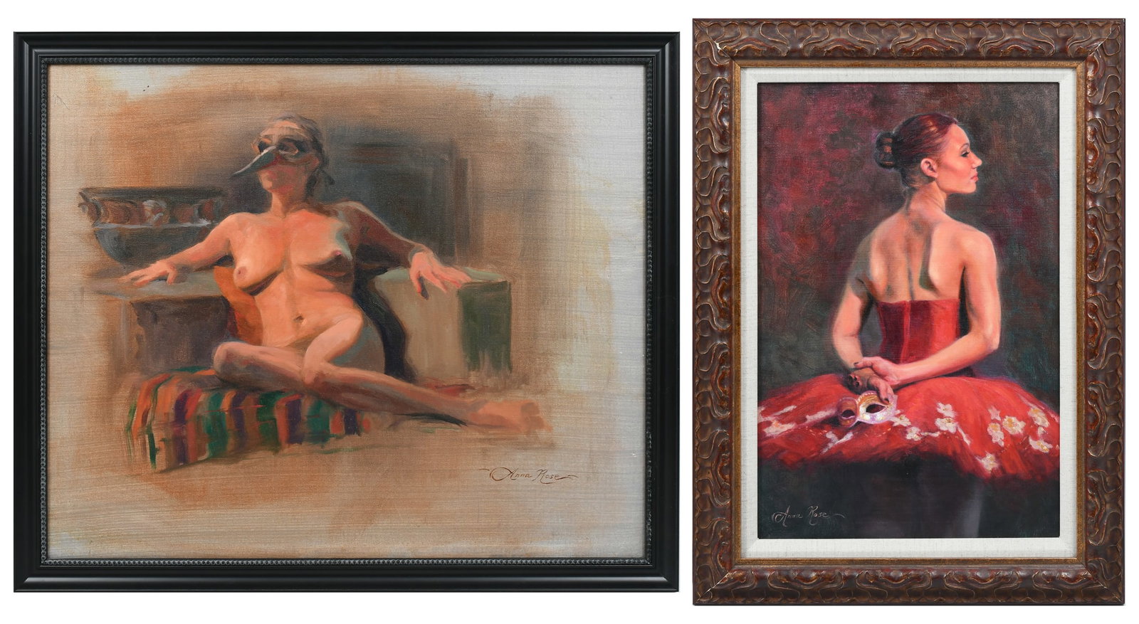 2PC. ANNA ROSE BAIN PAINTING LOT: BAIN, Anna Rose, (American, b. 1985): 1) Nude Relaxing in an Interior Wearing a Bird Mask, Oil/Canvas, 20" x 24", signed lower right, framed, 22" x 26"; 2) Red-Headed Ballerina Holding a Mask showing 