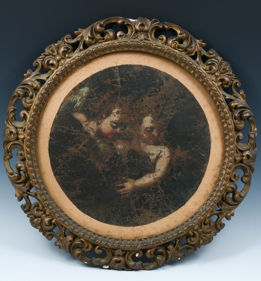 EARLY PAINTING OF ANGEL WITH INFANT CHRIST: EARLY PAINTING OF ANGEL WITH INFANT CHRIST: Circular Oil/Canvas laid on board, 13.5" diameter, pierce carved and gilded gesso frame with minor loss. From the estate collection of Franco Fabris di Fava