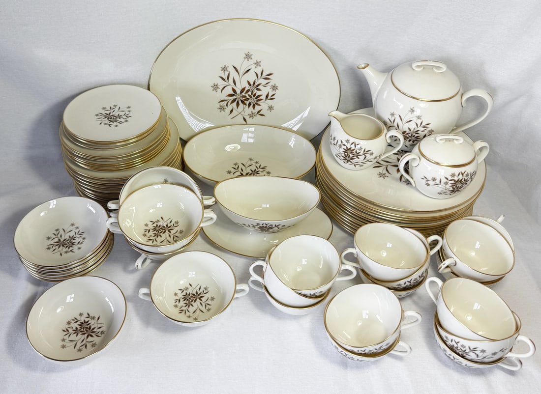 64 PC. LENOX "STARLIGHT" DINNERWARE CHINA SET: 64 PC. LENOX "STARLIGHT" DINNERWARE CHINA SET: Comprising; 12- Dinner Plates, 12- Salad Plates, 6- Bread Plates, 3- Dessert Plates, 6- Nut Dishes, 13- Tea Cups, 6- Double handled Soup Cups, 1- Ice Cre