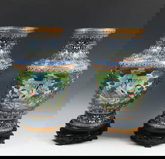 PR. LARGE CHINESE CLOISONNE & GILT COPPER VASES: PR. LARGE CHINESE CLOISONNE & GILT COPPER VASES: Pair of 20th-century Chinese Cloisonne Baluster form vases, having Windows with Cranes standing amongst Blossoming Cherry Trees. Traditional stylized s