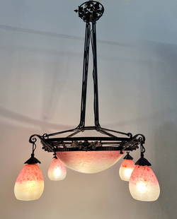 FRENCH DECO GLASS & WROUGHT IRON CEILING FIXTURE: FRENCH ART DECO GLASS & WROUGHT IRON CEILING FIXTURE: