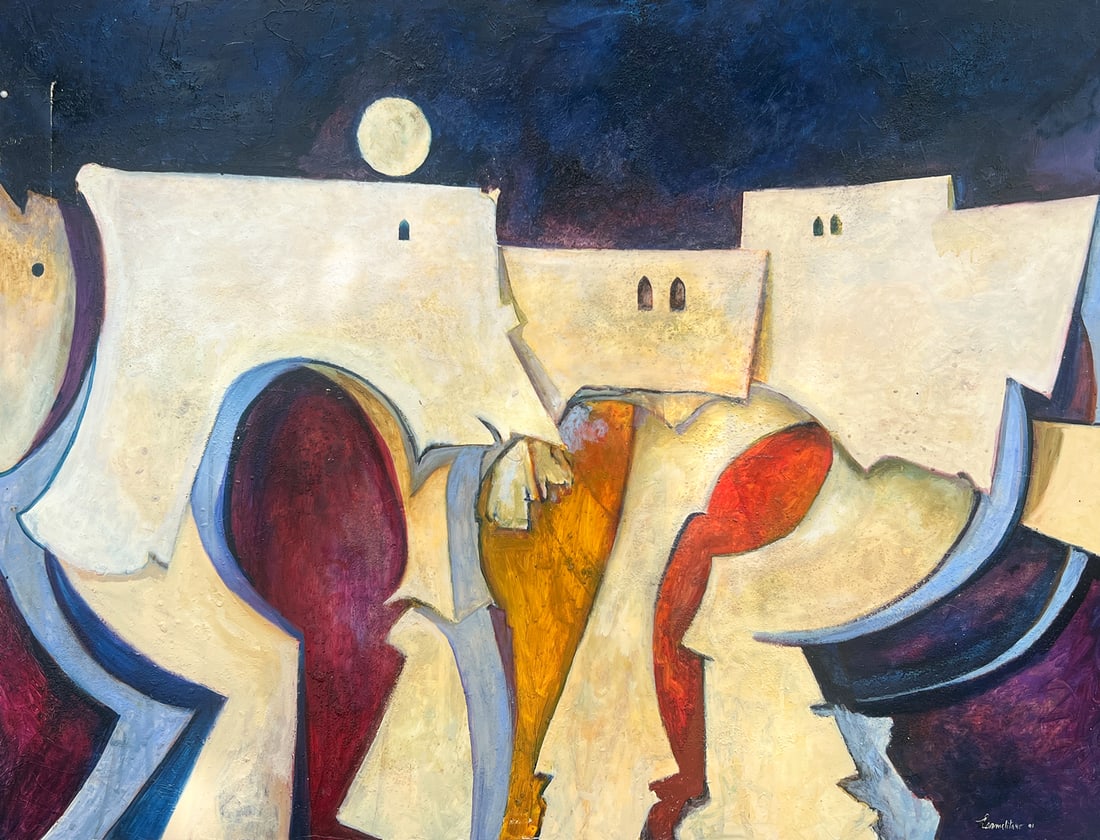 FRANK CARMELITANO MODERNST URBAN PAINTING: CARMELITANO, Frank, (Spanish/American, 1935-2003): “Nocturne”, Modernist Urban Moonlit Landscape, Oil/Canvas, 36” x 48”, signed lower right, dated ’01, titled on the stretcher ve