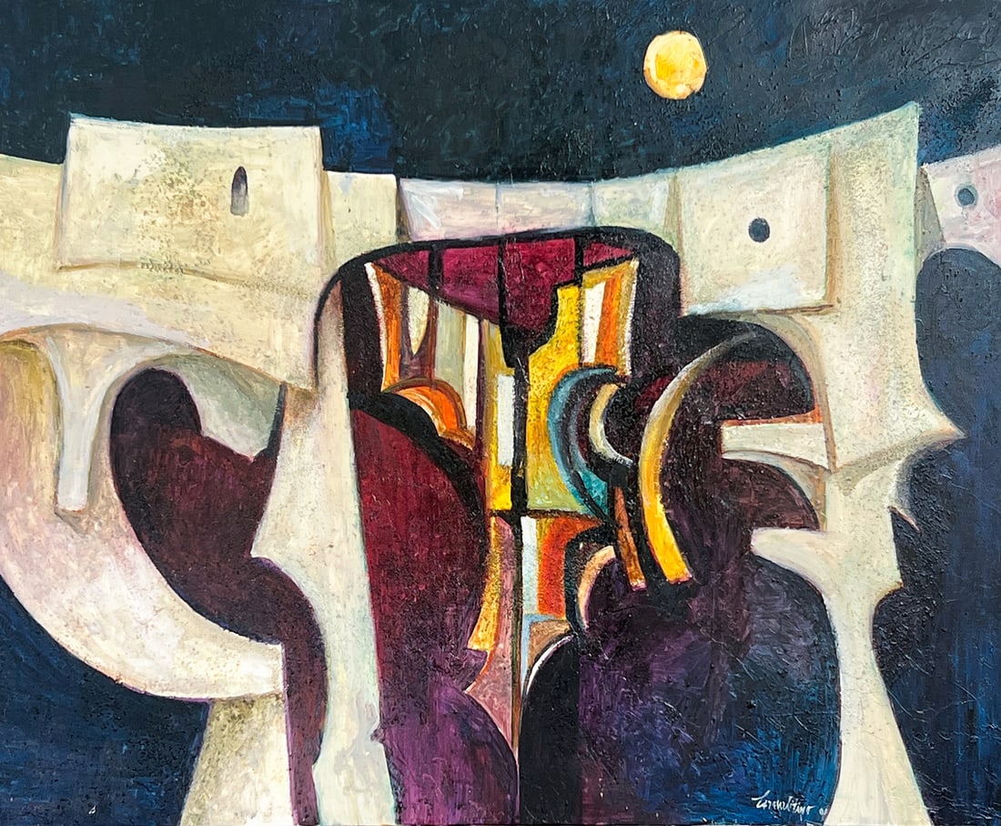 FRANK CARMELITANO MODERNIST SPANISH MOONLIT STREET PAINTING: CARMELITANO, Frank, (Spanish/American, 1935-2003): “Metropolis”, Modernist Spanish Street Scene Lit by Moonlight, Oil/Canvas, 24” x 30”, signed lower right, dated ’91, titled on