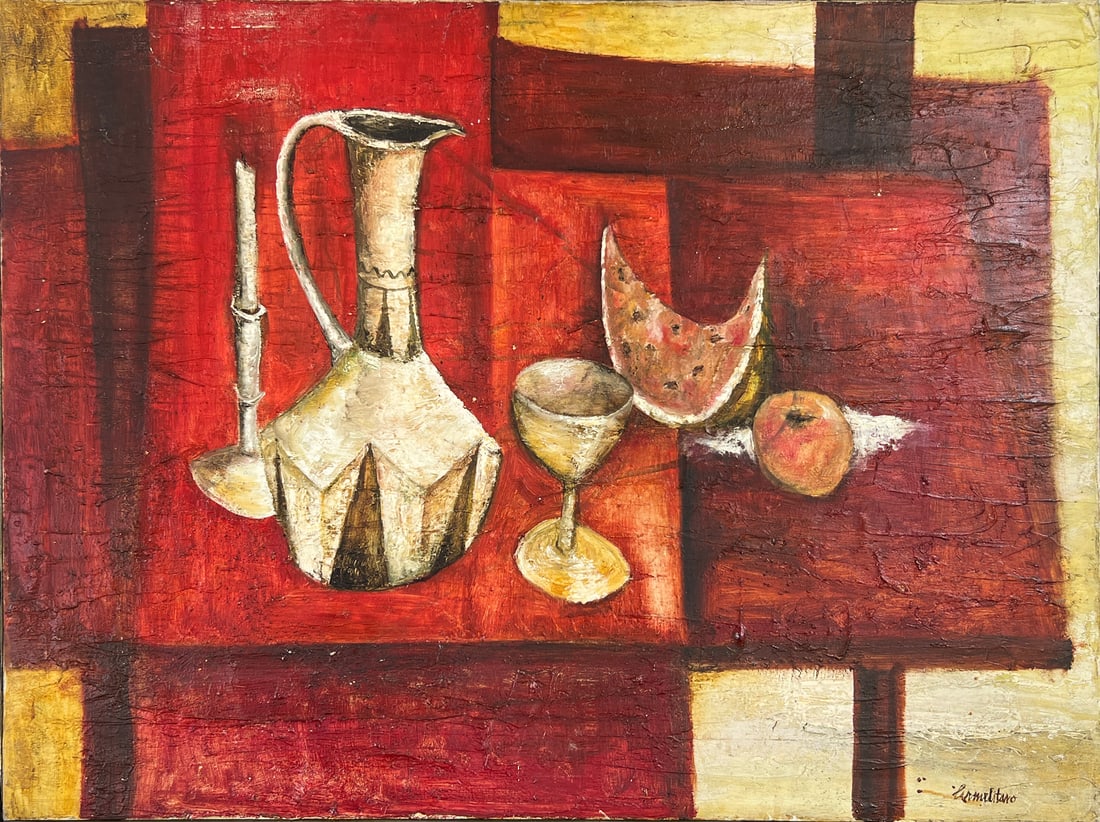 FRANK CARMELITANO MODERNIST STILL LIFE PAINTING: CARMELITANO, Frank, (Spanish/American, 1935-2003): Tabletop Still Life with Pitcher, Chalice, Watermelon, and Fruit. Oil/Canvas, 30” x 40”, signed lower right, framed, 31.5” x 41.5&r
