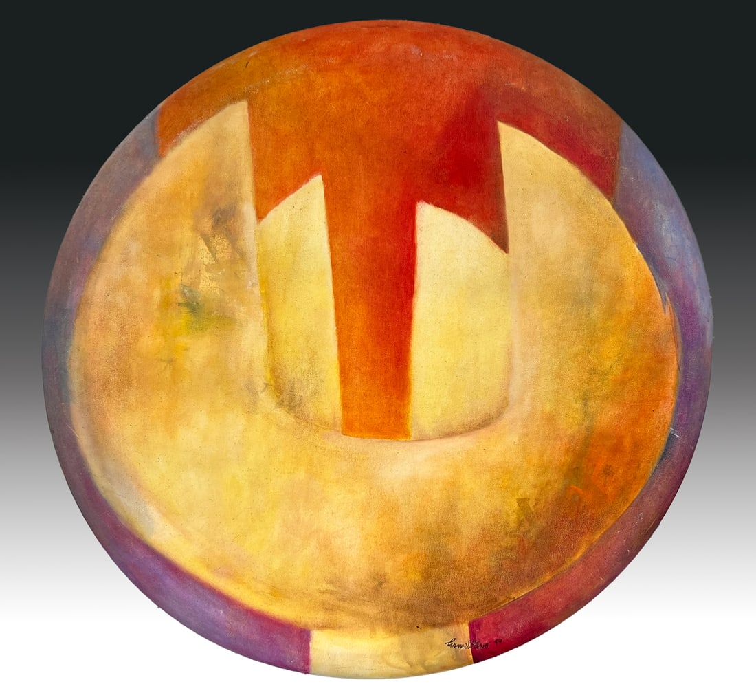 FRANK CARMELITANO “CIRCUMSPHERE” PAINTING: CARMELITANO, Frank, (Spanish/American, 1935-2003): “Circumsphere”, Oil/Canvas, 24” in diameter on unusual beveled wood stretcher, signed lower right, dated ’94, titled and dated verso,