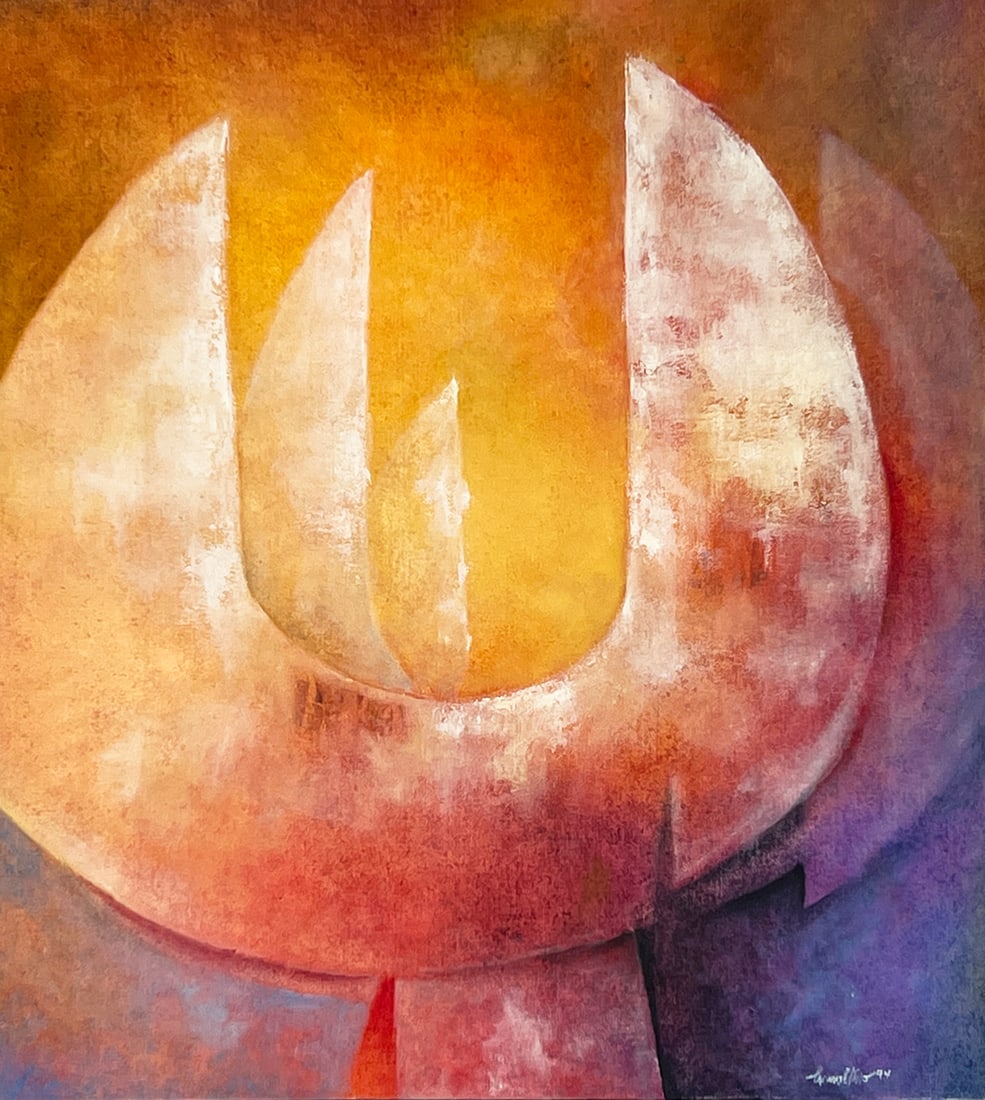 FRANK CARMELITANO ABSTRACT COMPOSITION PAINTING: CARMELITANO, Frank, (Spanish/American, 1935-2003): Multi-Colored Wrench Heads, Oil/Canvas, 32” x 32”, signed lower right, dated ’99, thin-edge wood frame, 33” x 33”.