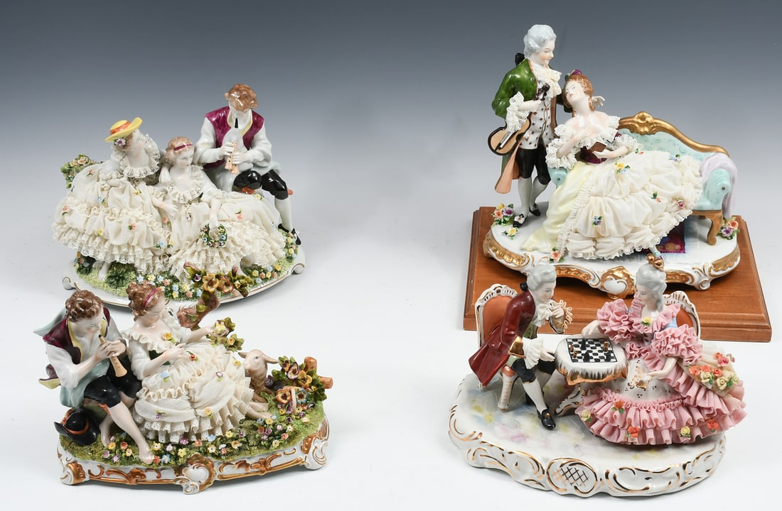 4 PC. AUSTRIAN PORCELAIN FIGURAL GROUPINGS W/ LACE: 4 PC. AUSTRIAN PORCELAIN FIGURAL GROUPINGS W/ LACE WORK: Four porcelain figures depicting courtship scenes, with the women in them having lace affixed to add volume and texture to their outfits. Germa