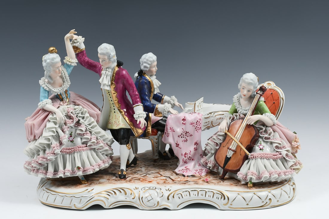 LARGE GERMAN PORCELAIN GROUPING WITH PIANO: LARGE GERMAN VOLKSTADT? PORCELAIN GROUPING W/ PIANO: Elaborate porcelain grouping of upper-class socialites playing music and dancing, with all the figures having lace accents. Measures 11.25" in heig