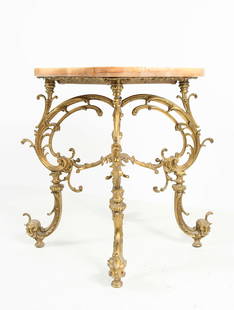 ONYX TOP BRONZE SIDE TABLE/PLANT STAND: ONYX TOP BRONZE SIDE TABLE/PLANT STAND: Heavy Bronze Scrolling Foliate motif base with an "X"-shaped stretcher with a Floral Medallion in center. Surmounted by a shaped Onyx Platform. Approx. 20.375"