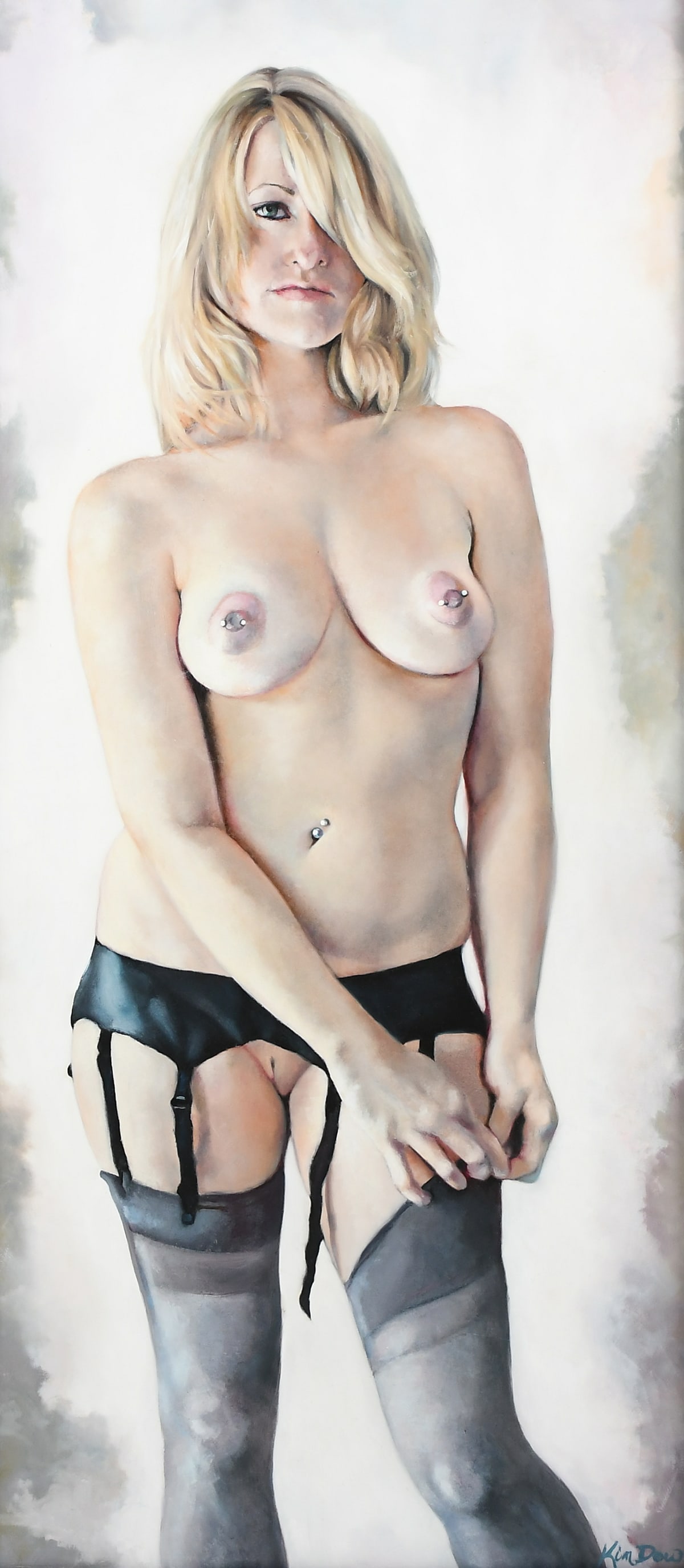 NUDE PORTRAIT OF A BLONDE IN LINGERIE BY KIM DOW: DOW, Kim, (American, 21st Century): Portrait of a Mostly-Nude Blond Beauty wearing a Black Garter Belt and Stockings, Oil/Panel, 34.5” x 15.5”, signed lower right, framed, 37.875” x 