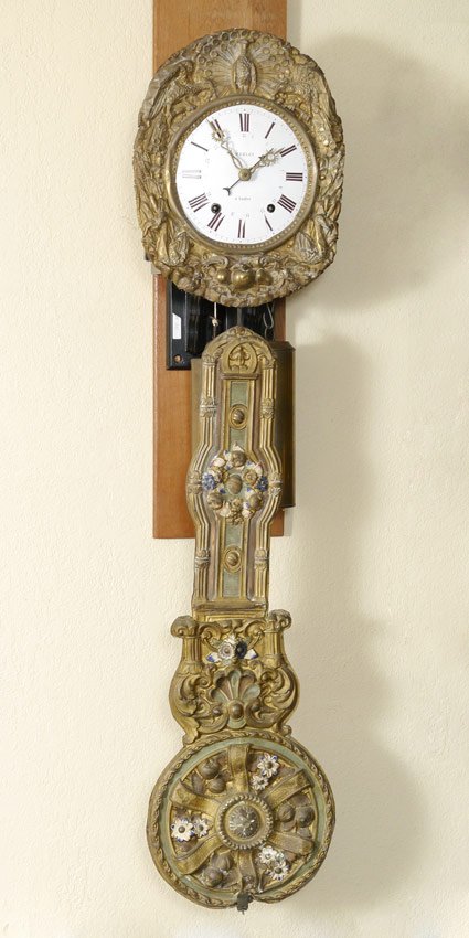 FRENCH MERLET MORBIER WAG ON THE WALL CLOCK: FRENCH MERLET MORBIER WAG ON THE WALL CLOCK: Embossed brass frame with birds and fruit motif. Porcelain dial with Roman numerals marked Merlet a Nantes on face. Embossed brass paint decorated pendulum